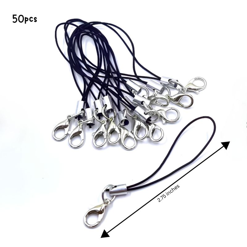 Mobile Cell Phone Straps, 50pcs, Black, 2.75", Polyester Cord, Silver Plated Alloy Findings, 0.92oz