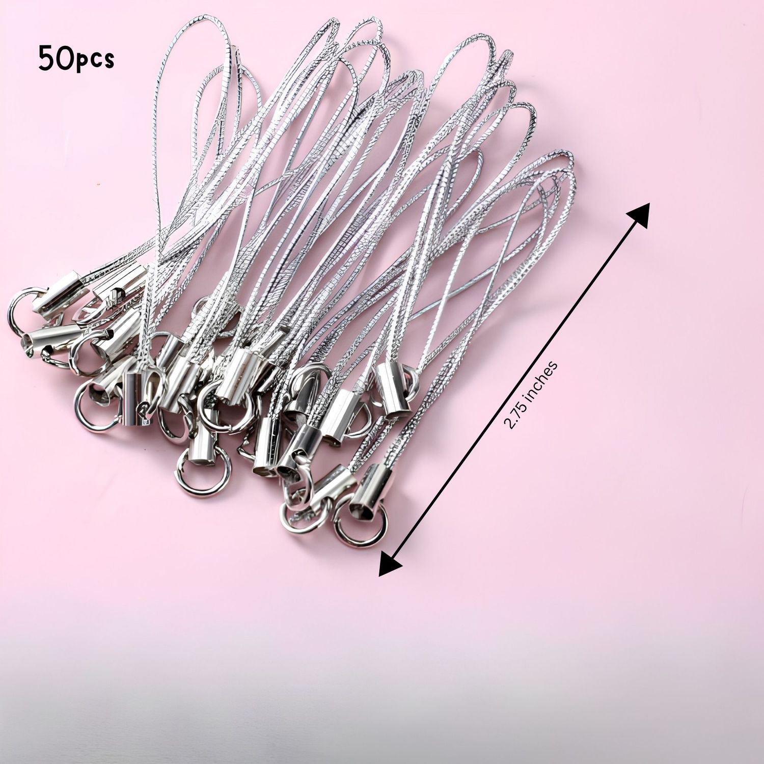Mobile Cell Phone Straps, 50pcs, Silver, 2.75", Polyester Cord, Silver Plated Alloy Findings, 0.92oz