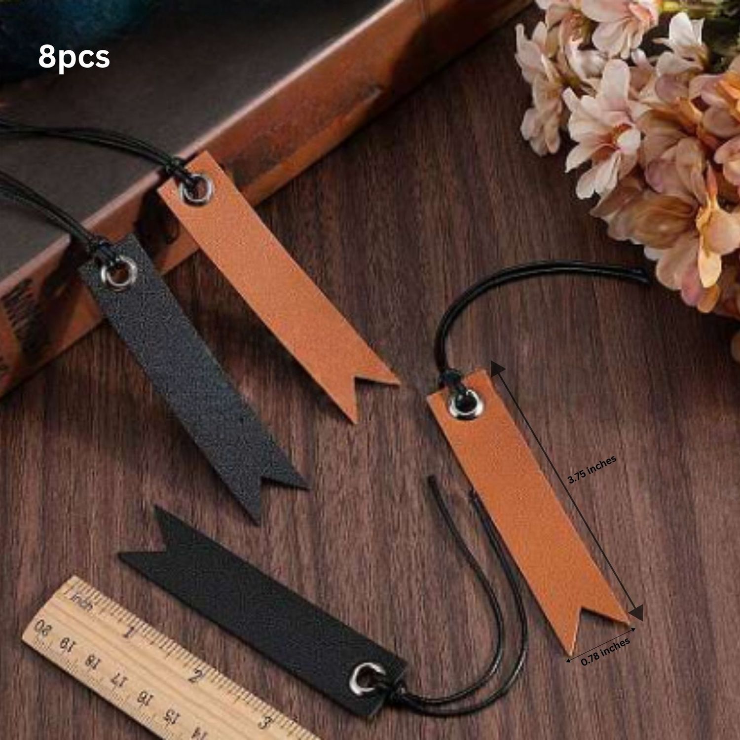 Bookmarks, Leather Black &amp; Brown, 8pcs, w/Silver Plated Iron Grommets, 95x20x1.5mm, (3.75"x0.78"), 1.24oz