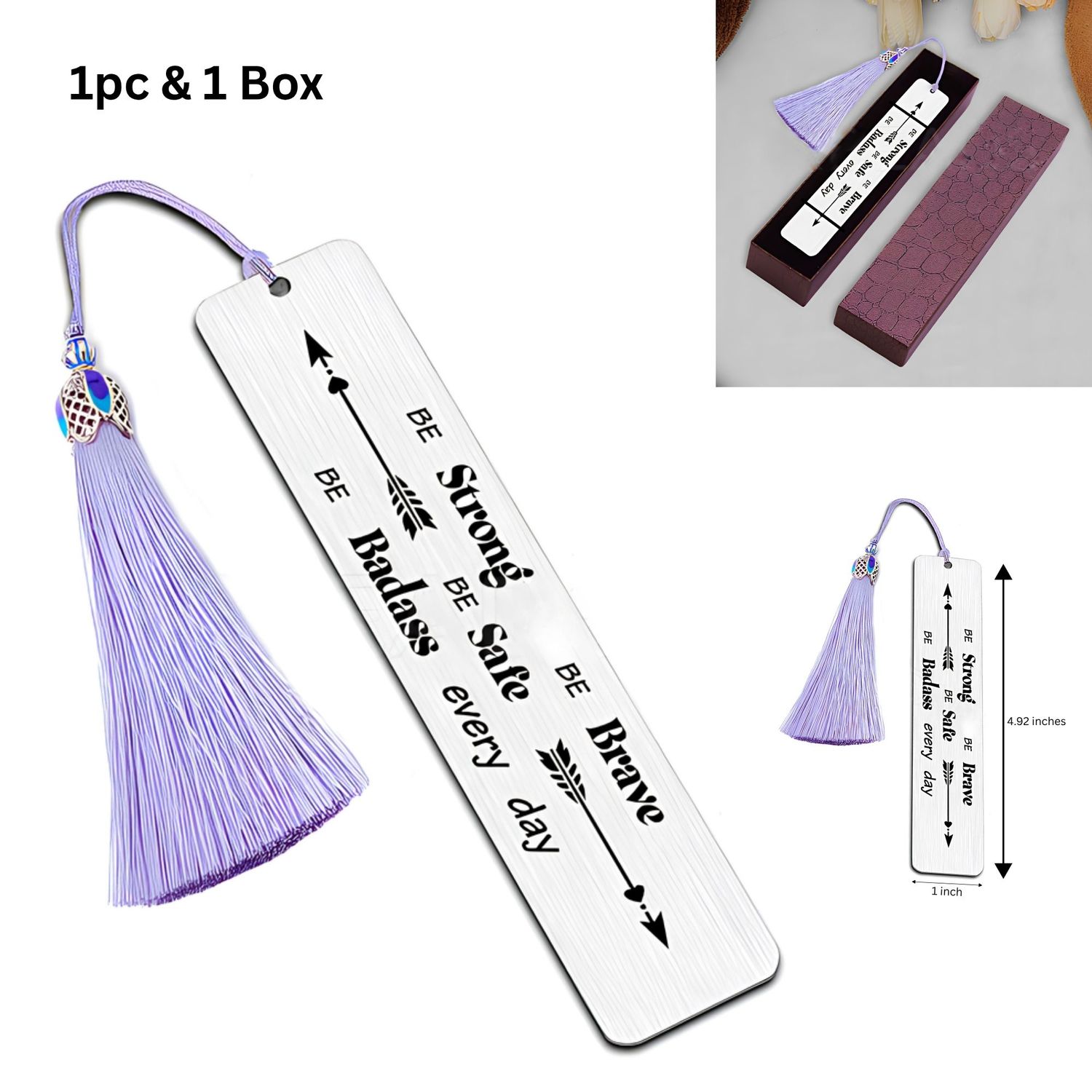 Bookmarks, Stainless Steel Rectangle, 1pc, 1 Box, Inspirational Words, 125x26mm, (4.92"x1"), 2.15oz