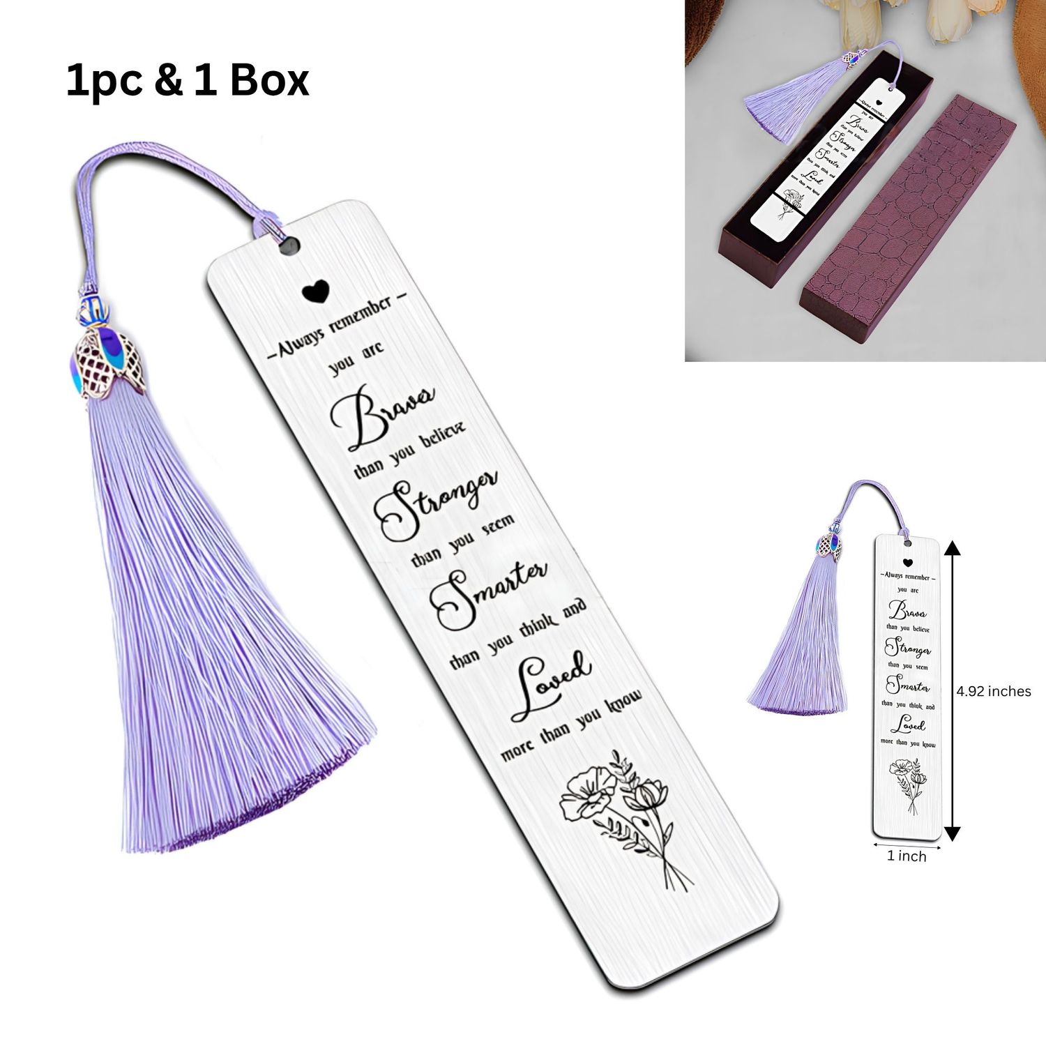 Bookmarks, Stainless Steel Rectangle, 1pc, 1 Box, Inspirational Words, 125x26mm, (4.92"x1"), 2.15oz