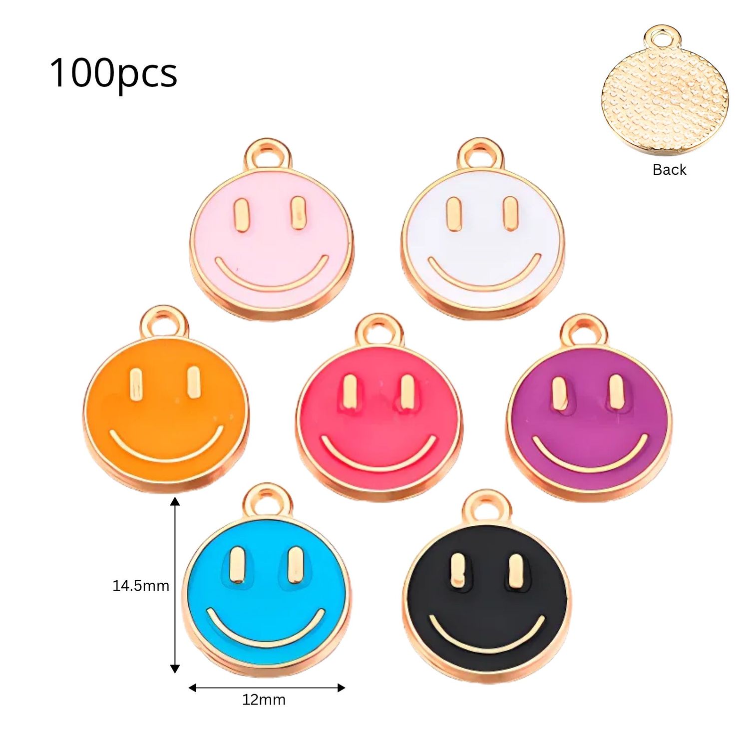 Smiley Faces Pendants, Mixed Colors, Gold &amp; Enamel Plated Alloy, 100pcs, 14.5x12x1.5mm, Hole 1.6mm, 2.82oz