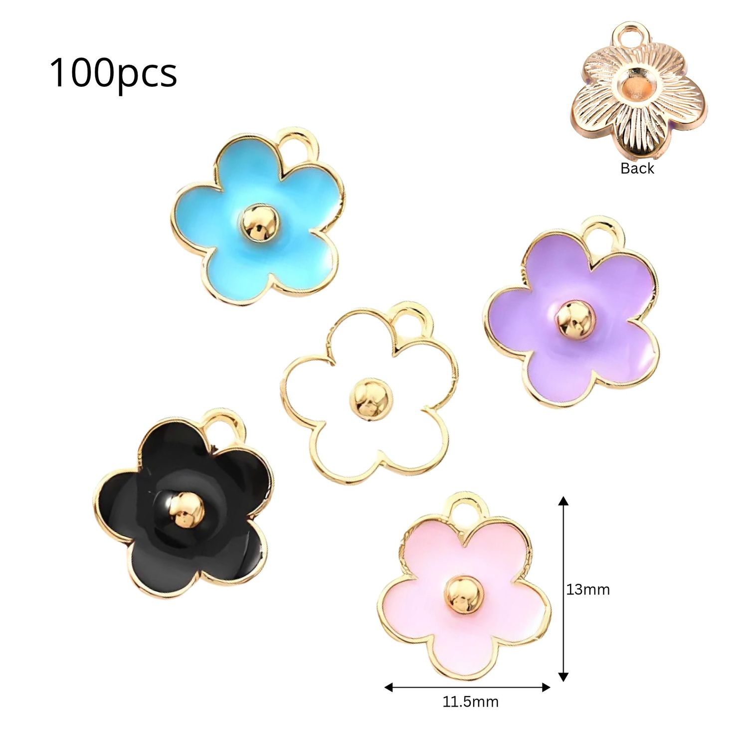 Flower Pendants, Mixed Colors, Gold &amp; Enamel Plated Alloy, 100pcs, 13x11.5x3mm, Hole 1.6mm, Charms, 2.15oz