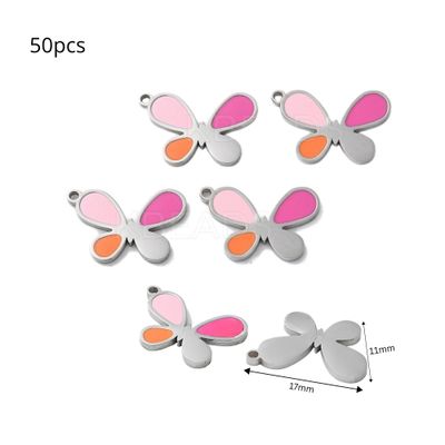 Stainless Steel Butterflies, 50pcs, 17x11x1.5mm, Pink &amp; Orange Enamel, Hole 1.2mm, Charms/Pendants, 2.05oz