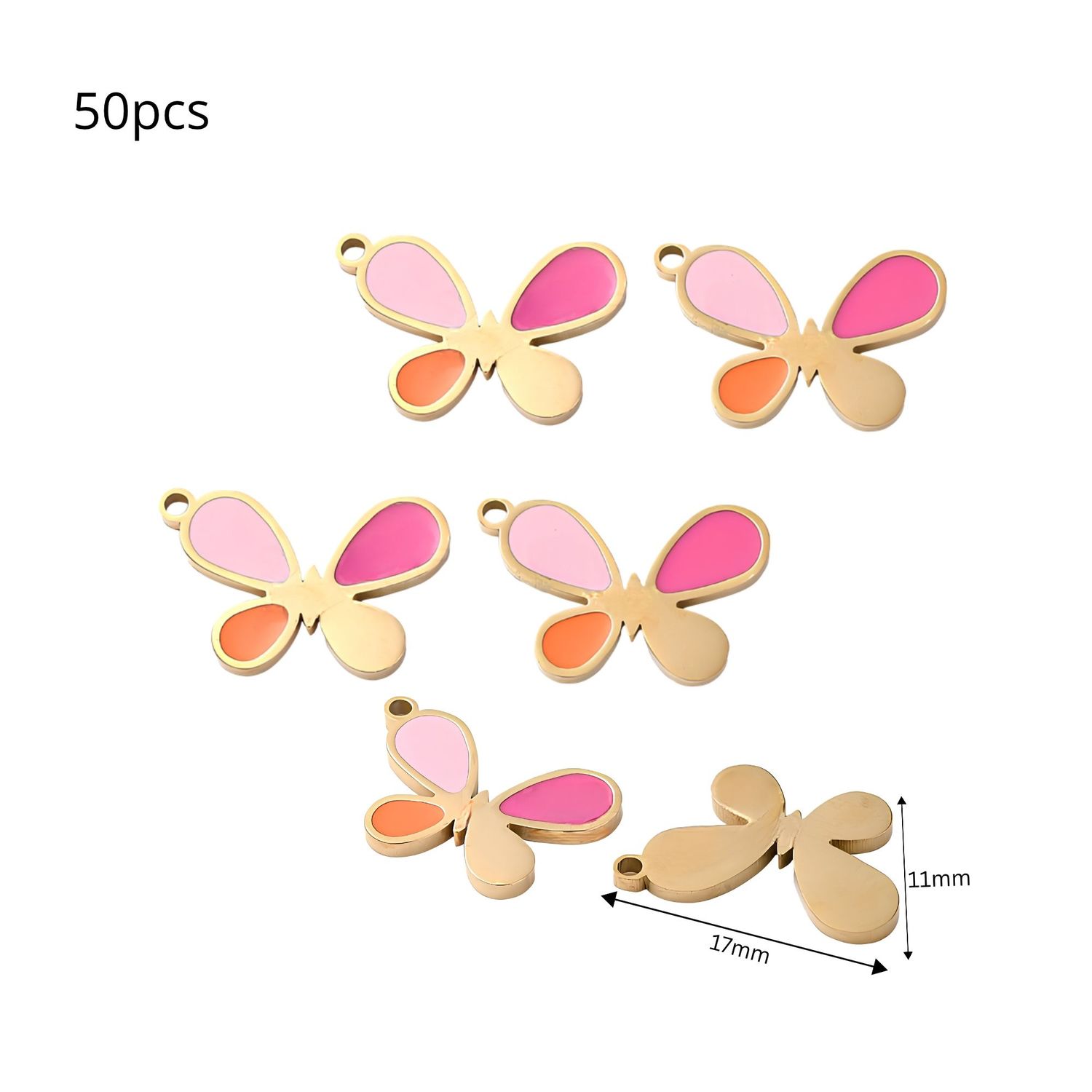 GP Stainless Steel Butterflies, 50pcs, 17x11x1.5mm, Pink &amp; Orange Enamel, Hole 1.2mm, Charms/Pendants, 2.05oz