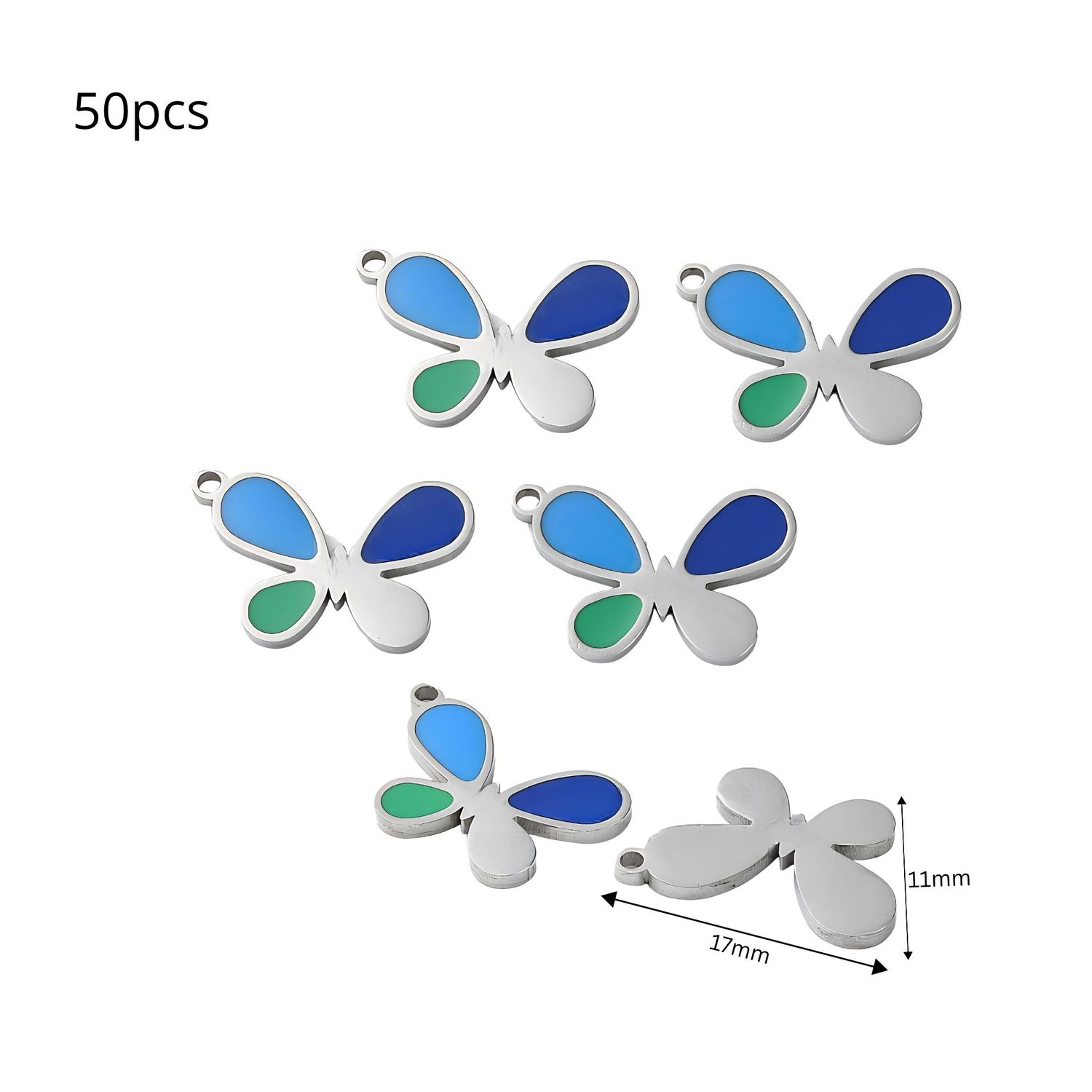 Stainless Steel Butterflies, 50pcs, 17x11x1.5mm, Blue &amp; Green Enamel, Hole 1.2mm, Charms/Pendants, 2.05oz