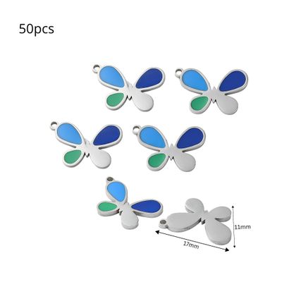 Stainless Steel Butterflies, 50pcs, 17x11x1.5mm, Blue &amp; Green Enamel, Hole 1.2mm, Charms/Pendants, 2.05oz