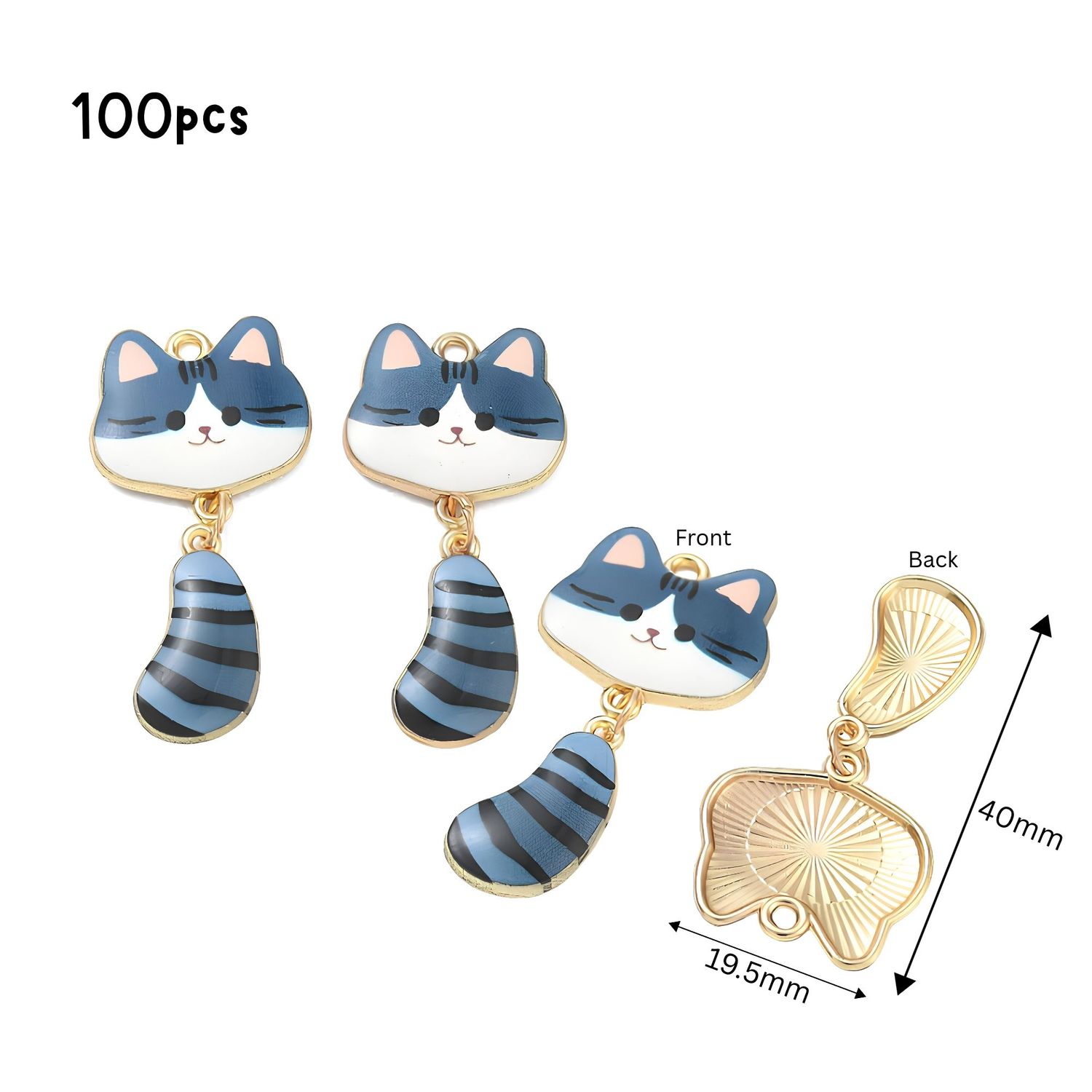 Cat Shape Pendants, Blue, Gold &amp; Enamel Plated Alloy, 100pcs, 40x19.5x2.5mm, Hole 1.8mm, Cell Phone Decor, 7.94oz