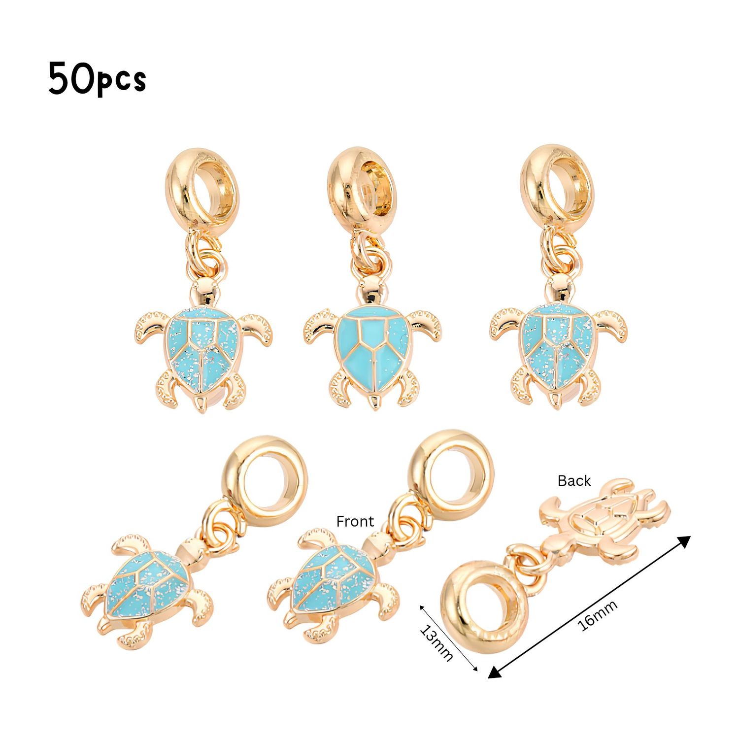 Turtles w/Bails, Sky Blue, Gold &amp; Enamel Plated Alloy, 50pcs, 16x13x3mm, Hole 4.2mm, Cell Phone Decor, Charms/Pendants, 3.28oz