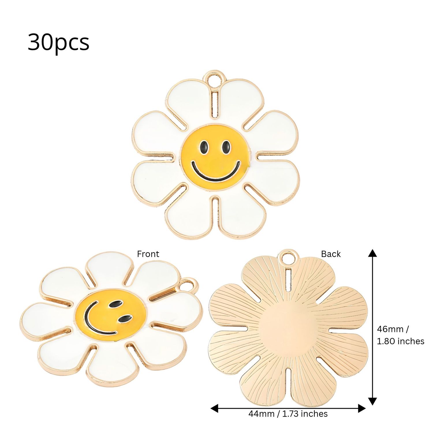 Flower Smiley Faces Pendants, White &amp; Yellow, Gold &amp; Enamel Plated Alloy, 30pcs, 46x44x2mm, Hole 3.6mm, Key Rings Decor, 11.22oz