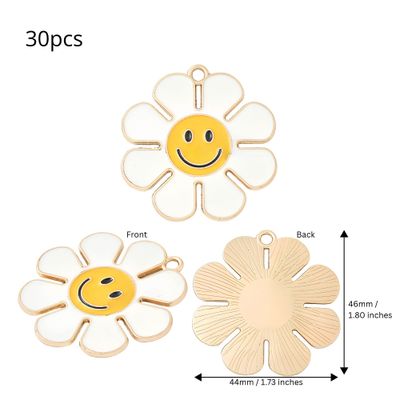 Flower Smiley Faces Pendants, White &amp; Yellow, Gold &amp; Enamel Plated Alloy, 30pcs, 46x44x2mm, Hole 3.6mm, Key Rings Decor, 11.22oz