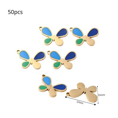 GP Stainless Steel Butterflies, 50pcs, 17x11x1.5mm, Blue &amp; Green Enamel, Hole 1.2mm, Charms/Pendants, 2.05oz
