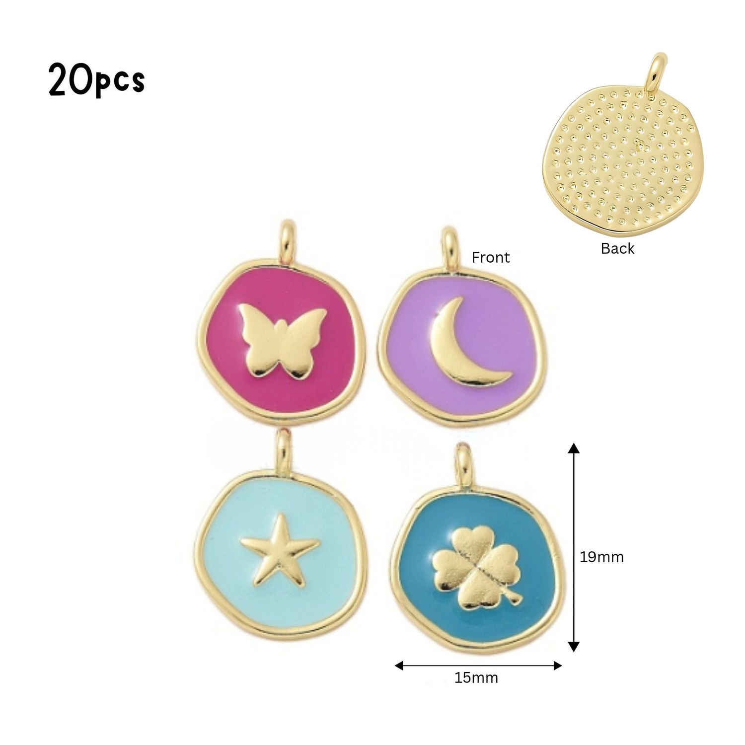 Moon, Star, Clover &amp; Butterfly Pendants, Mixed Colors, Gold &amp; Enamel Plated Alloy, 20pcs, 19x15x2mm, Hole 2mm, Cell Phone Decor Charms, 1.41oz