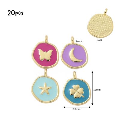 Moon, Star, Clover &amp; Butterfly Pendants, Mixed Colors, Gold &amp; Enamel Plated Alloy, 20pcs, 19x15x2mm, Hole 2mm, Cell Phone Decor Charms, 1.41oz