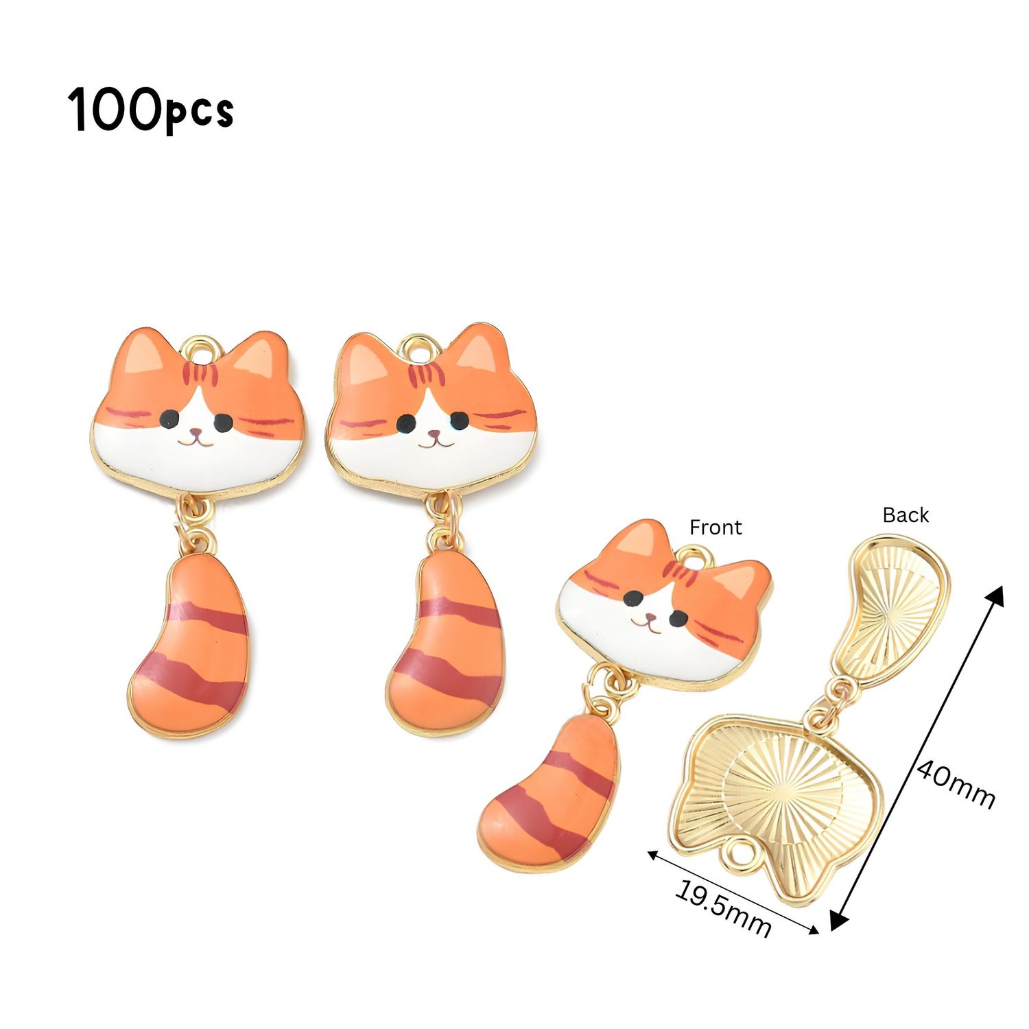 Cat Shape Pendants, Orange, Gold &amp; Enamel Plated Alloy, 100pcs, 40x19.5x2.5mm, Hole 1.8mm, Cell Phone Decor, 7.94oz