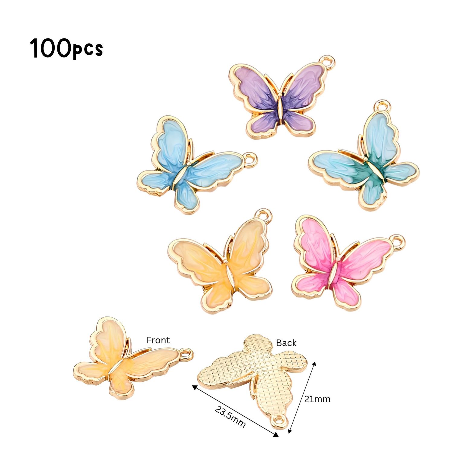 Butterfly Pendants, Mixed Colors, Gold &amp; Enamel Plated Alloy, 100pcs, 23.5x21.5x3mm, Hole 1.2mm, Cell Phone Decor Charms, 6.42oz