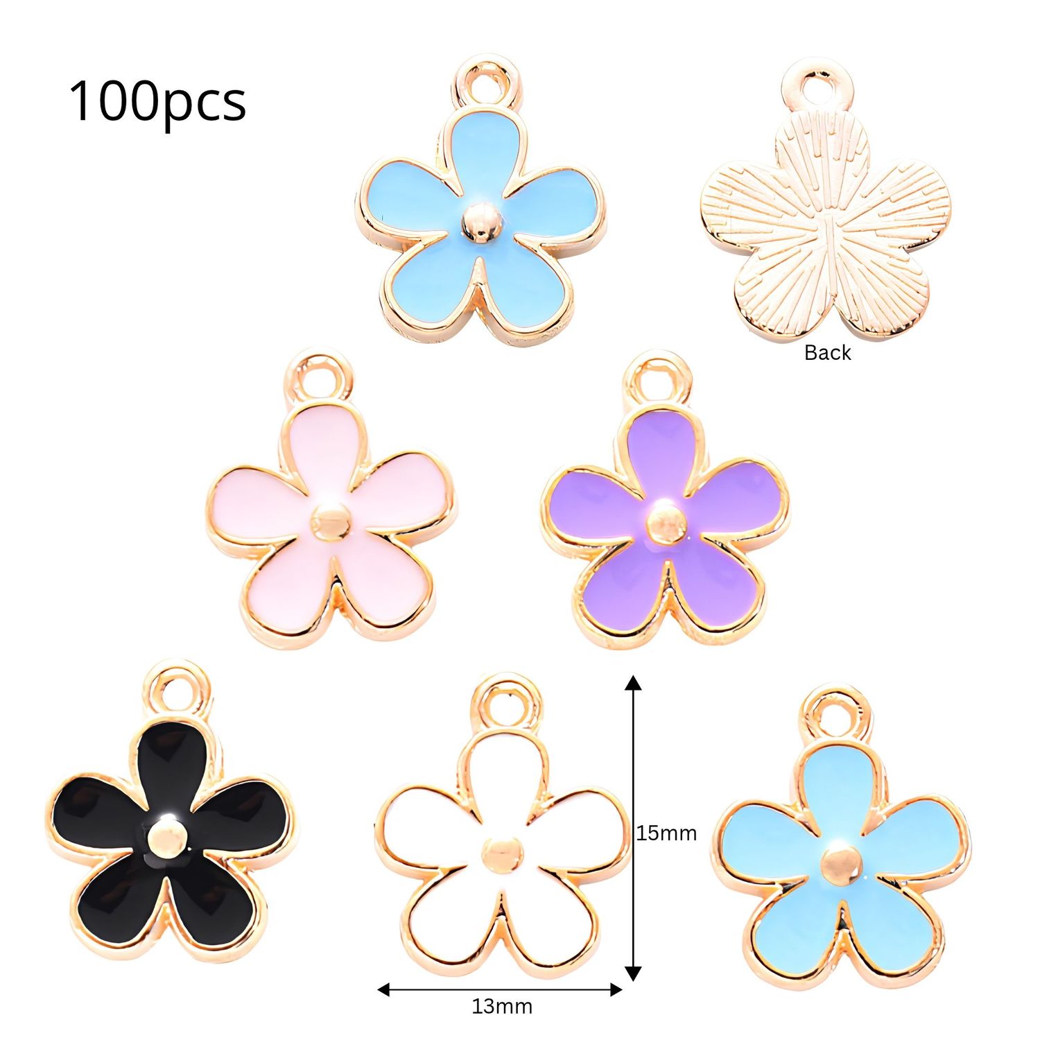 Flower Pendants, Mixed Colors, Gold &amp; Enamel Plated Alloy, 100pcs, 15x13x2.5mm, Hole 1.5mm, Cell Phone Decor Charms, 4.13oz