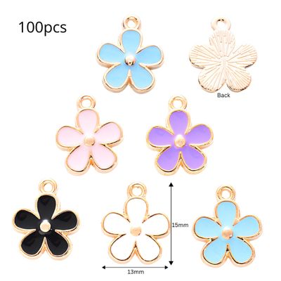Flower Pendants, Mixed Colors, Gold &amp; Enamel Plated Alloy, 100pcs, 15x13x2.5mm, Hole 1.5mm, Cell Phone Decor Charms, 4.13oz