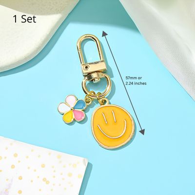 Key Rings, Yellow Smiley Face &amp; Flower Charms, Gold &amp; Enamel Plated Alloy, 1 Set, 57mm / 2.24 Inches, w/Swivel Clasp, 0.25oz