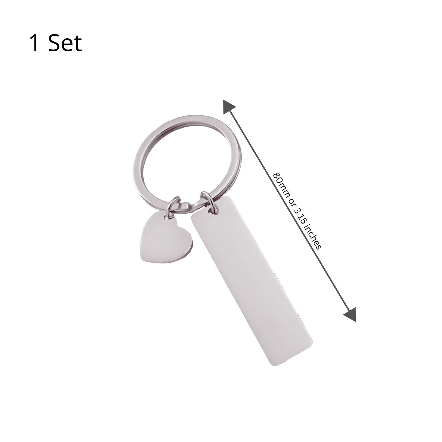 Key Rings, Stainless Steel Heart &amp; Rectangle Charms, 1 Set, 80mm / 3.15 Inches, 2.36oz