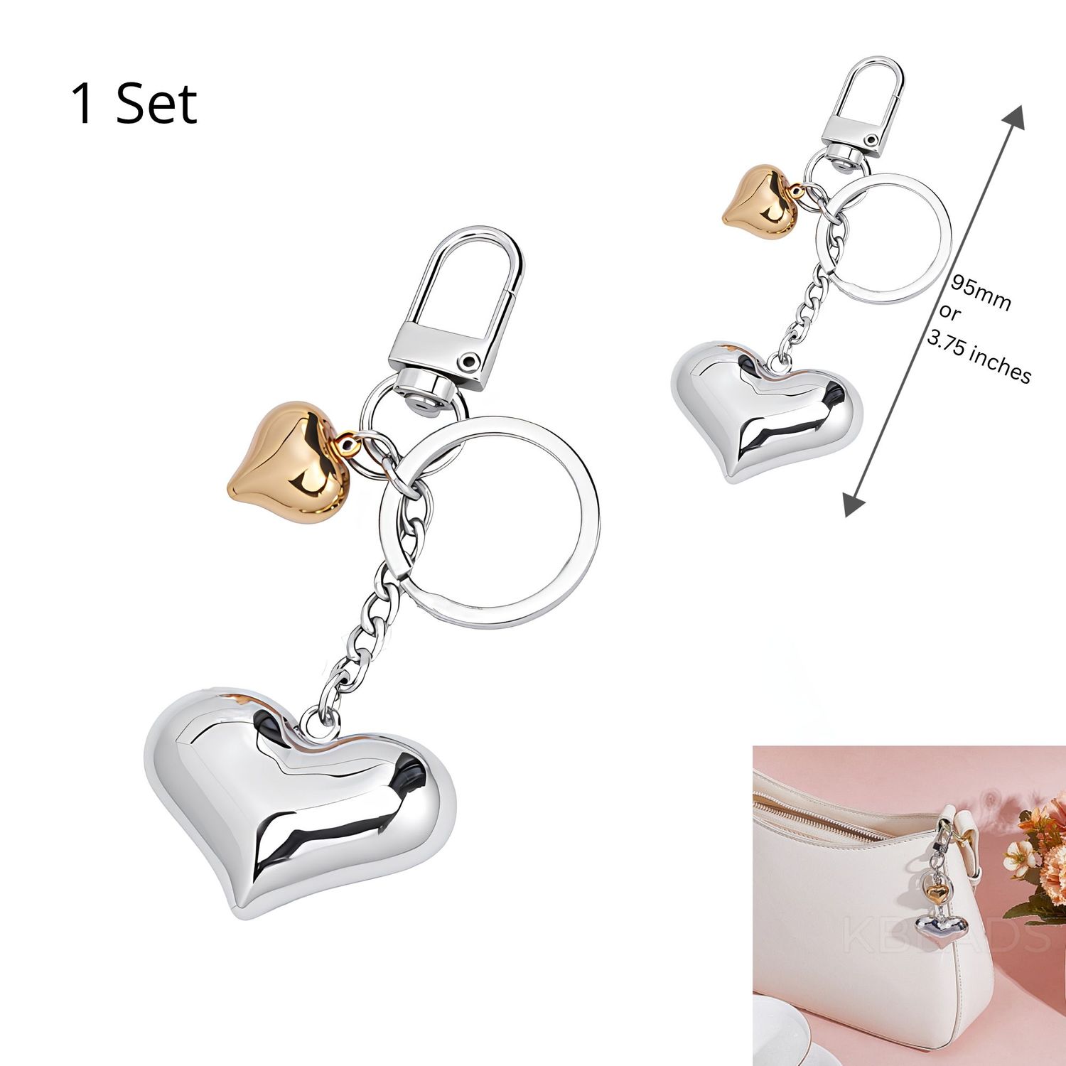 Key Rings, Stainless Steel Heart Charms, Silver and Gold Plated Alloy, 1 Set, 95mm / 3.75 Inches, w/Swivel Clasp, 0.88oz