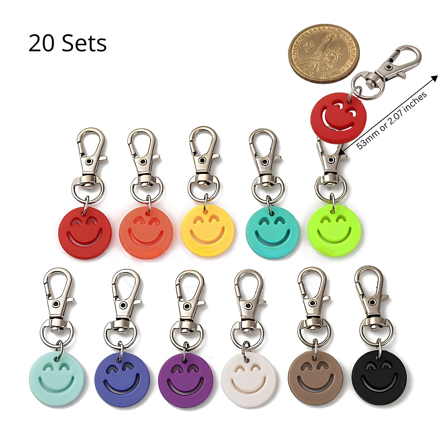 Key Rings, Acrylic Mixed Colors Smiley Face Charms, Silver Plated Alloy, 20 Sets, 53mm / 2.07 Inches, w/Swivel Clasps, 2.26oz