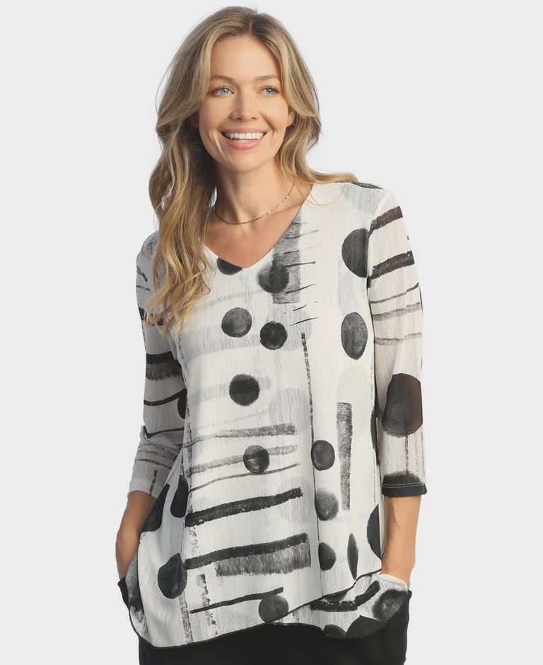 J&amp;J &quot;Melody&quot; Crepe Mesh Vneck Tunic Top (CM2-1913) Black &amp; White, Size: Small