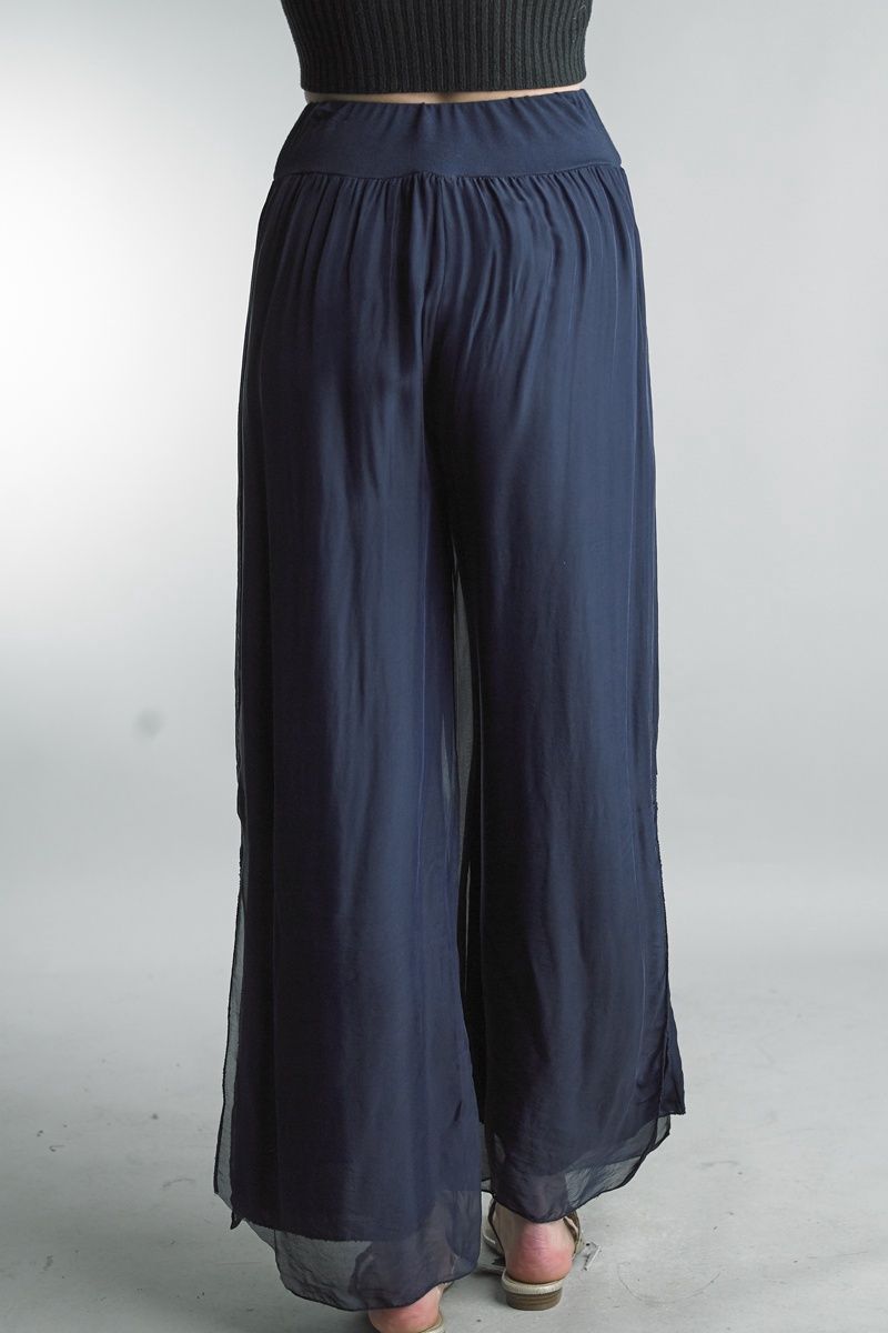 Tempo Paris Side Slit Silk Pant (5115P), Color: Navy, Size: Small