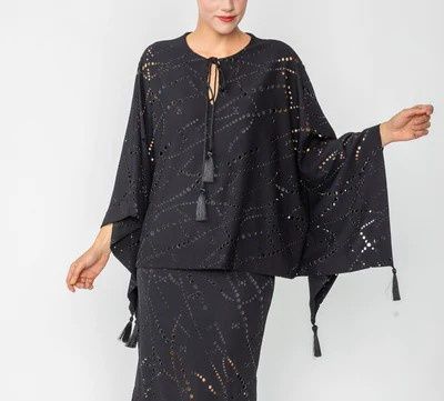 IC Tassel Tie Cutout Poncho Top, Color: Black, Size: Small