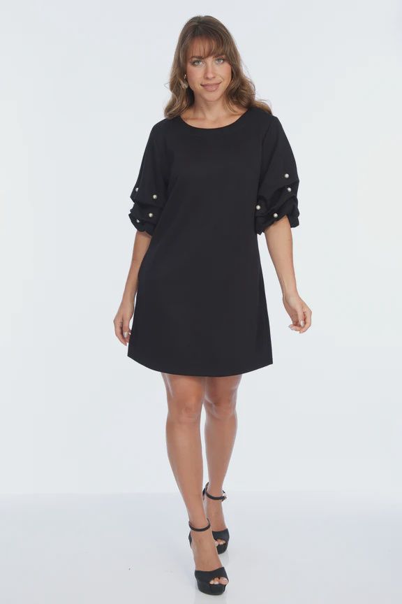 Puff Sleeve Dress with Pearls, Color: Black, Size: Small