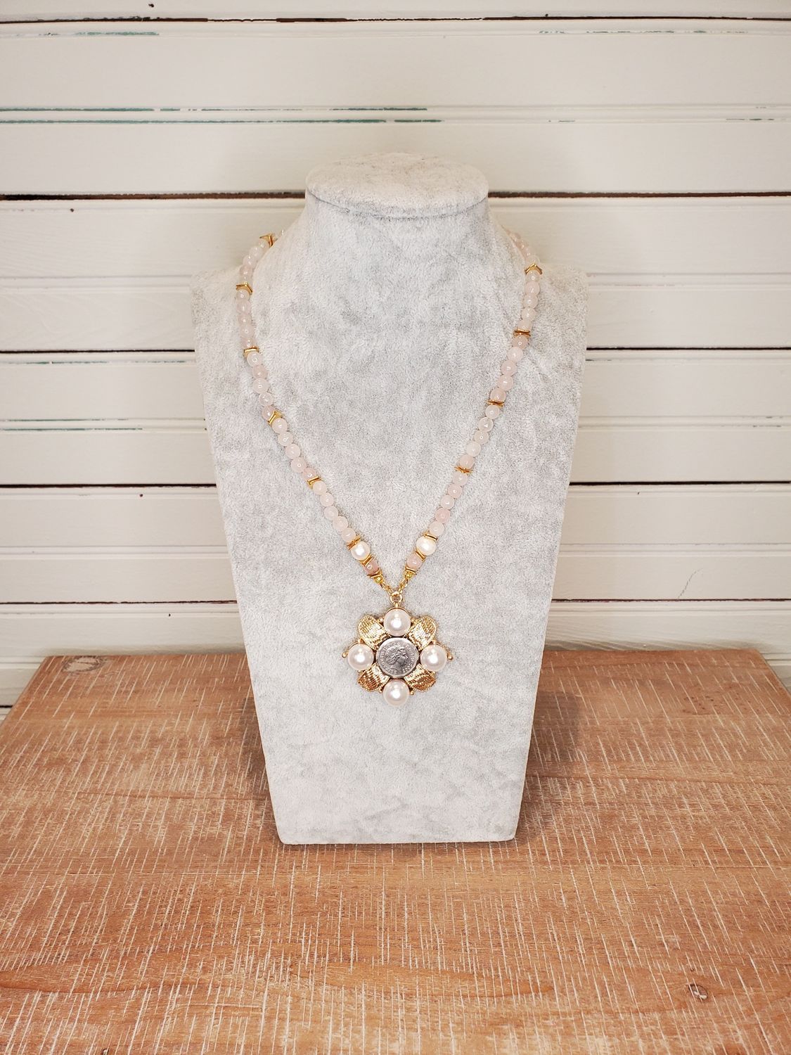 Rose Quartz Gold Necklace w/Maltese Queen Elizabeth II Coin