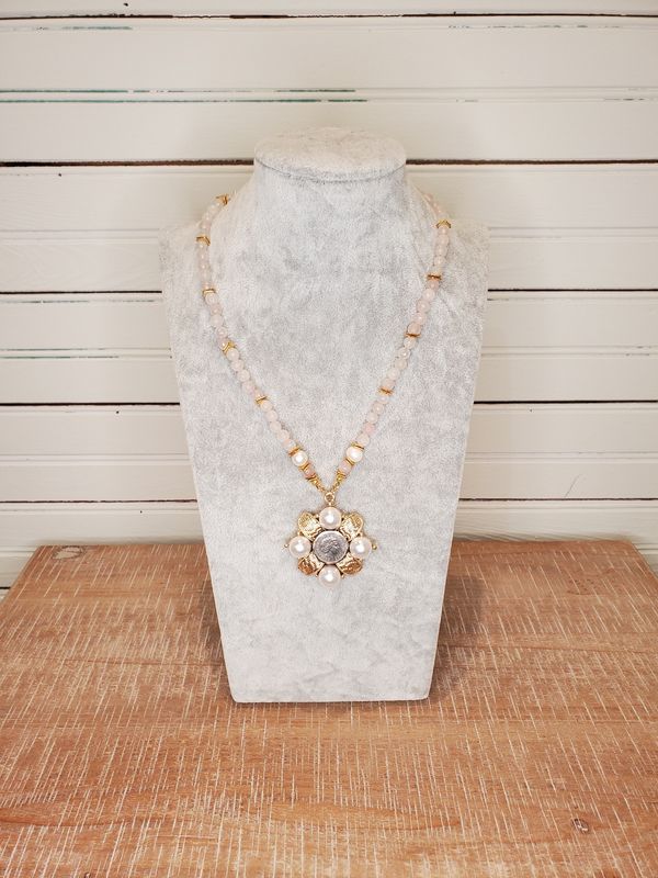 Rose Quartz Gold Necklace w/Maltese Queen Elizabeth II Coin
