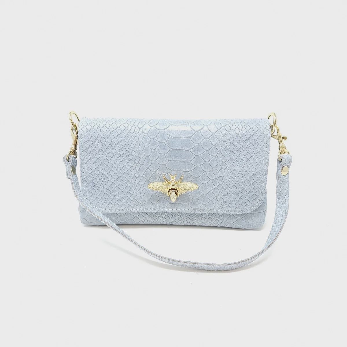 Italian Leather Snakeskin w/Gold Butterfly Mini Bag, Color: Lt Blue