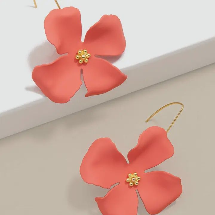 Matte Flower Threader Drop Earring, Color: Coral