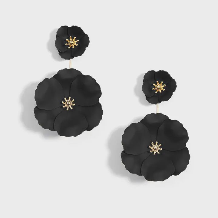 Double Flower Drop Earring, Color: Black`