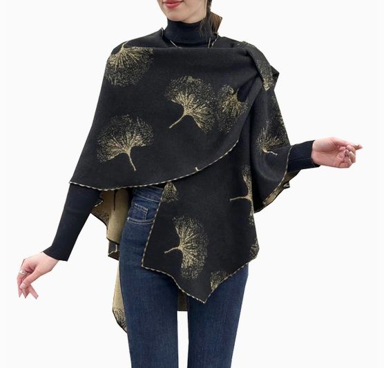 Cozy Cashmere Like Reversible Travel Wrap - Tan/Black Ginkgo