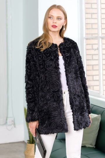 Joh. &quot;Juju&quot; Faux Fur Flower Swirls Coat (53050JK) Black, Size: XS
