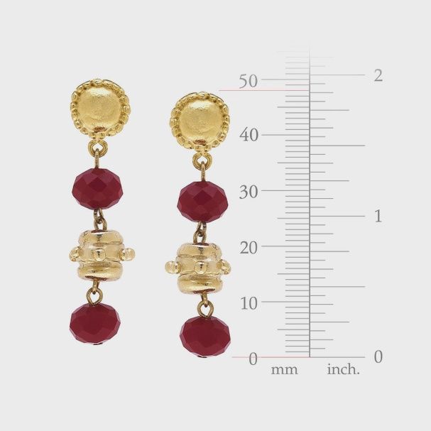 Gold Bead and Red Crystal Earrings