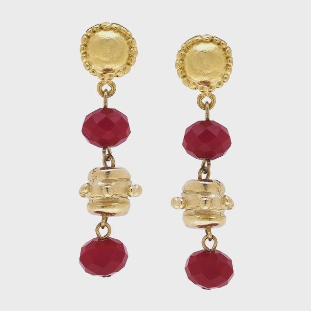 Gold Bead and Red Crystal Earrings