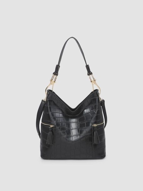 &quot;Rochelle&quot; Crocodile Print Hobo Bag, Color: Black