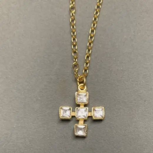 Square CZ Cross Gold Necklace, Color: CZ