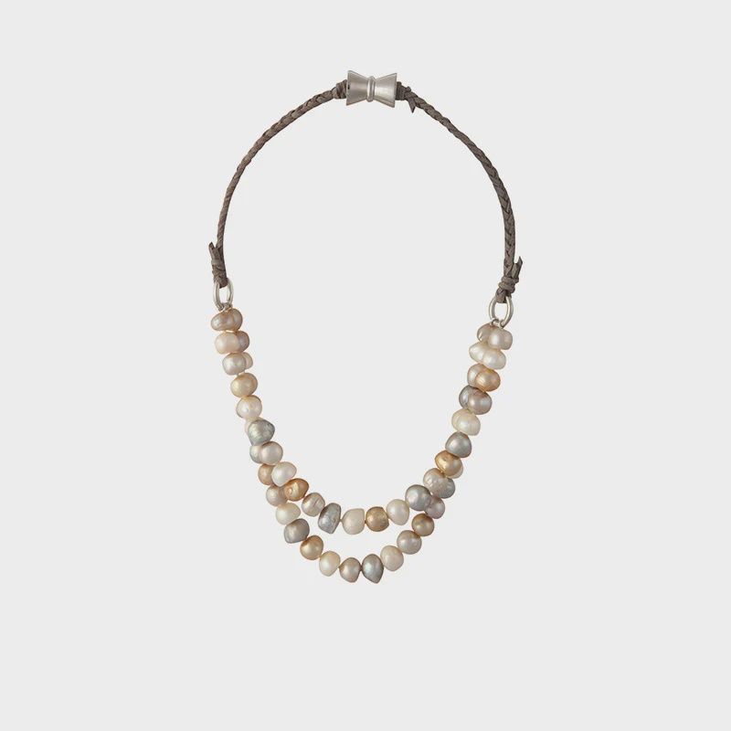 Short Double Strand Bombay Pearl Necklace, Color: Multicolor Pearl/Gray Chord