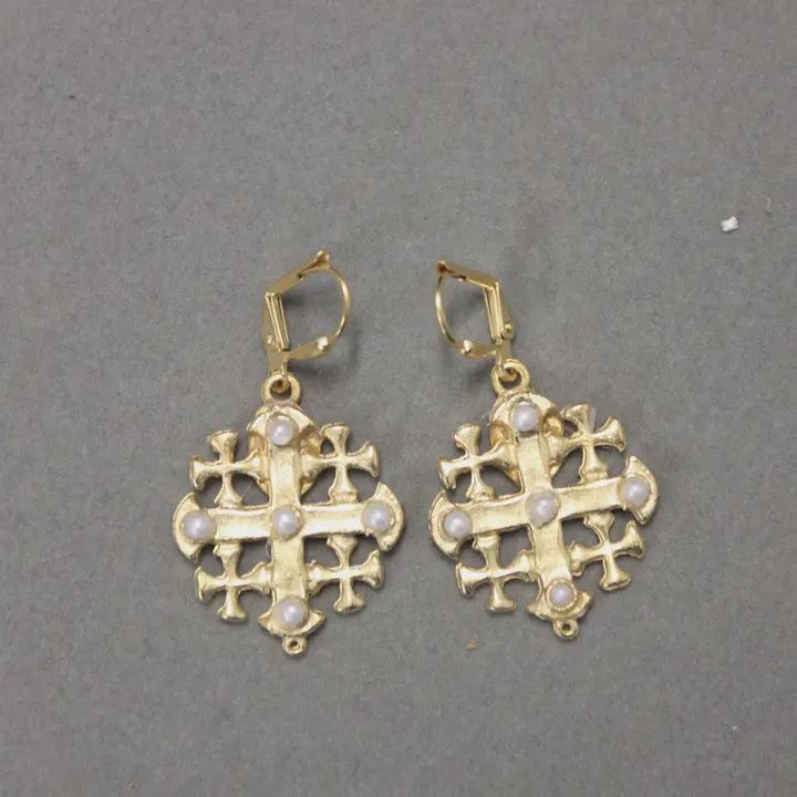 Jerusalem Cross Gold Earrings, Material: Gold/Pearl