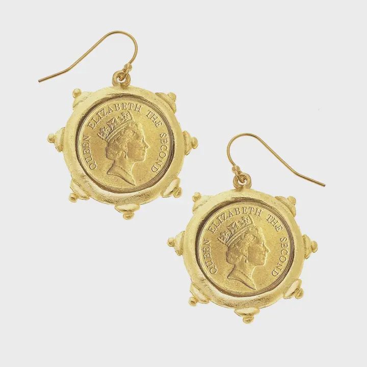 Queen Elizabeth II Coin Drop Earrings (1614QW), Material: 24kt Gold