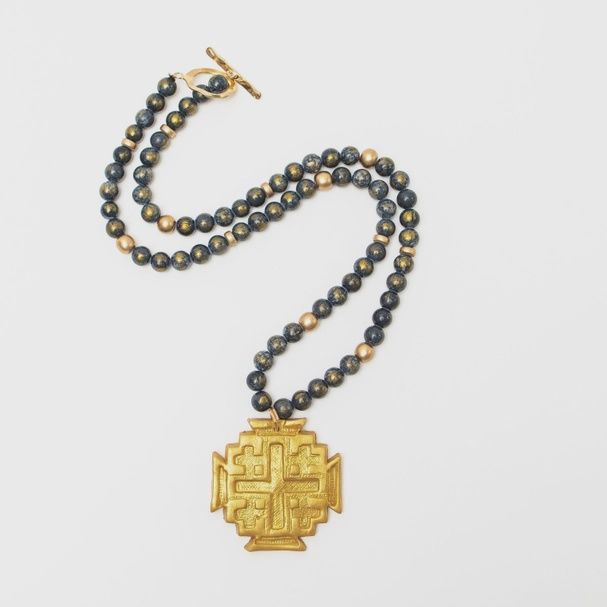 Gray Gold Leafed Jade with Jerusalem Cross