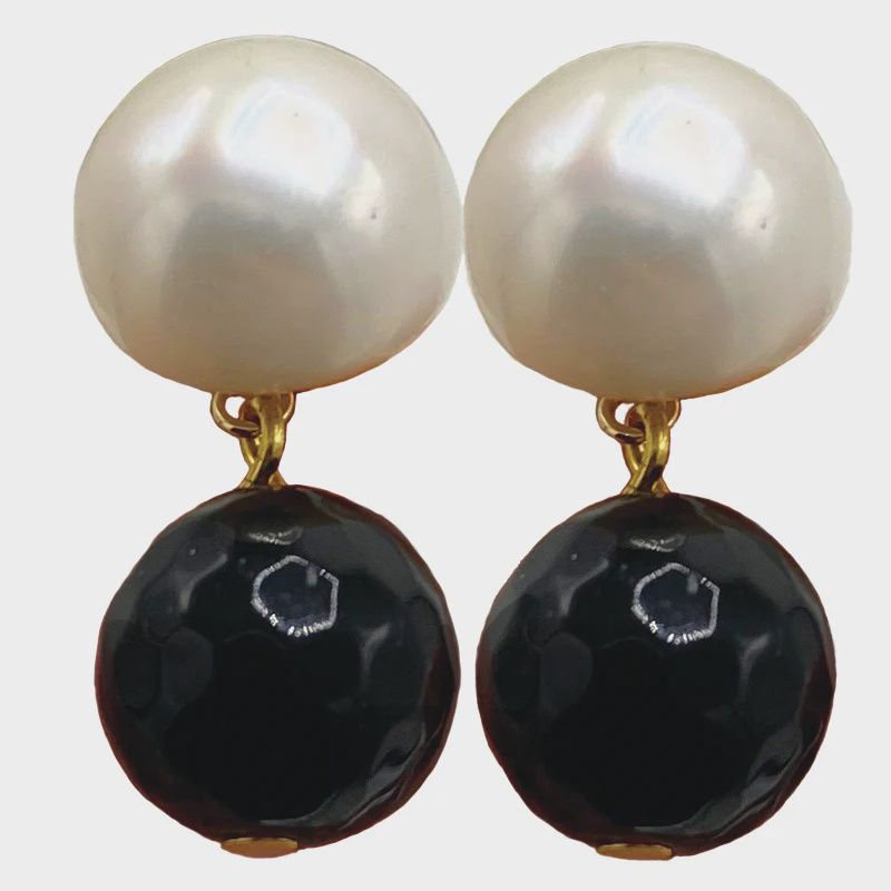 Jet Bead &amp; Pearl on Gold Post Earring