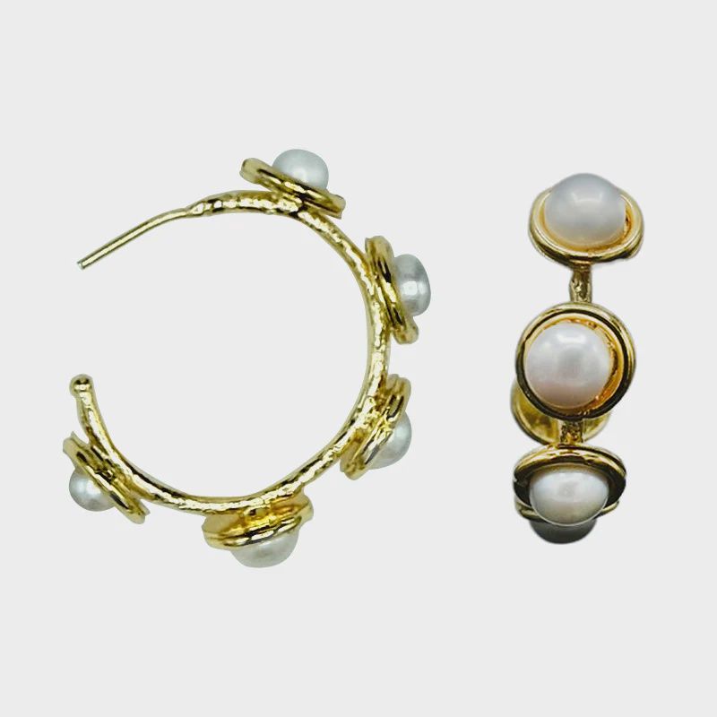 Bezel Pearl Hoop Earrings - Small, Material: Gold