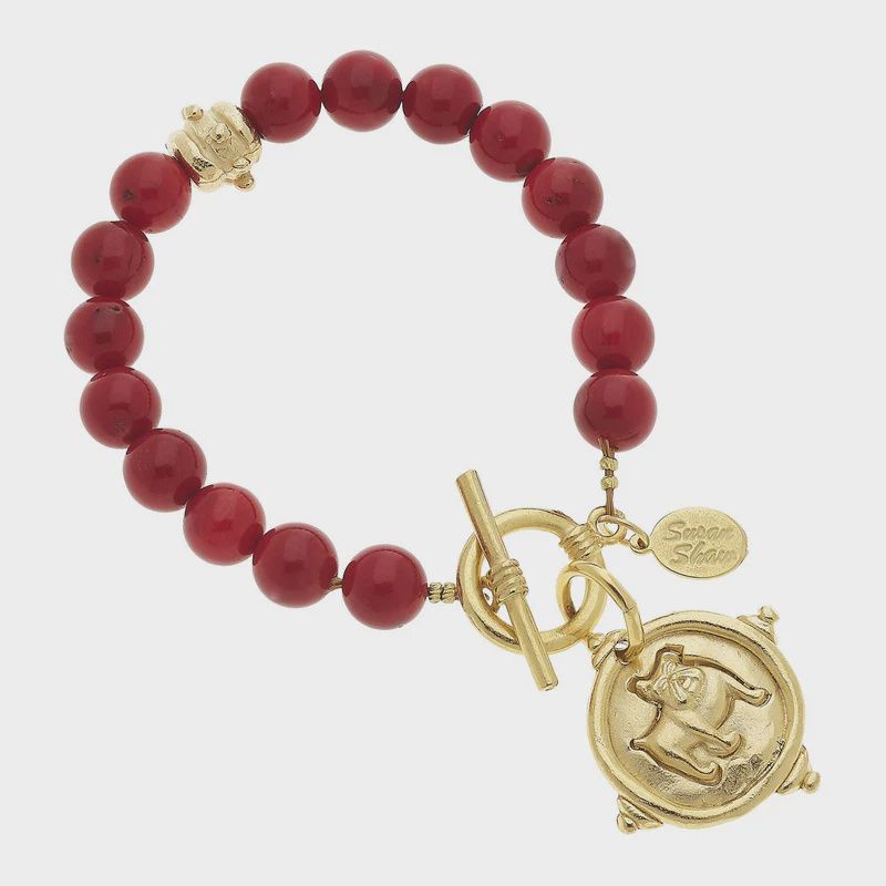 Gold Bulldog On Genuine Red Coral Bracelet
