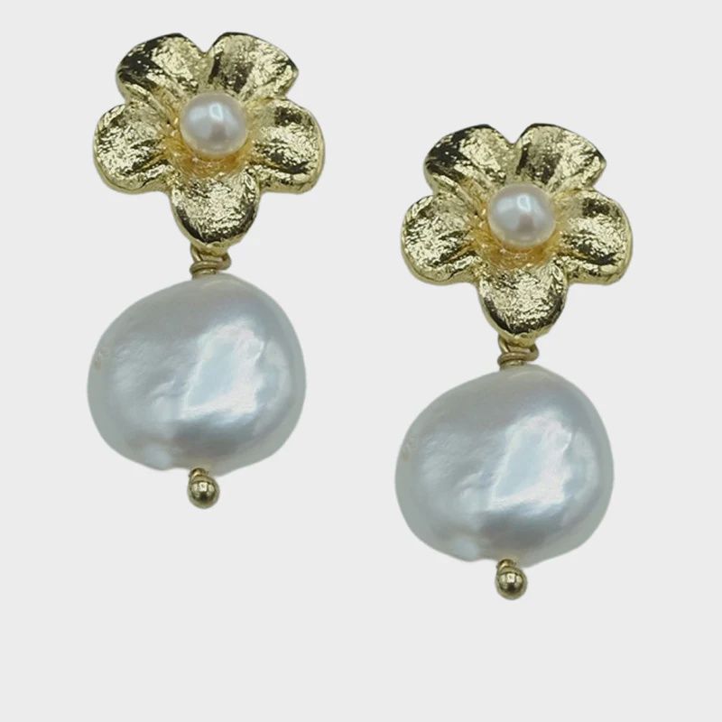 Petal w/Pearl Drop Earrings, Material: Gold