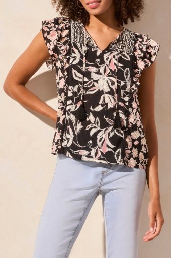 Tribal Mixed Print Notch Neck Blouse (5430O-3647-3168), Colour: COCOMILK, Size: XS